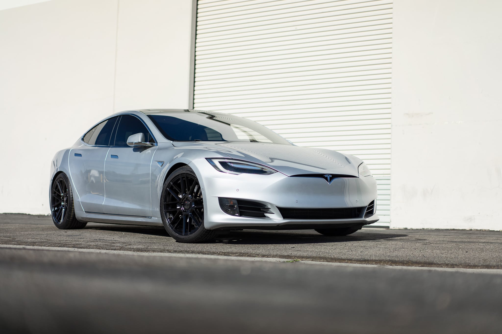 Silver Tesla Model S with Custom DRL-Bar Headlights - Photo by TSW Wheels