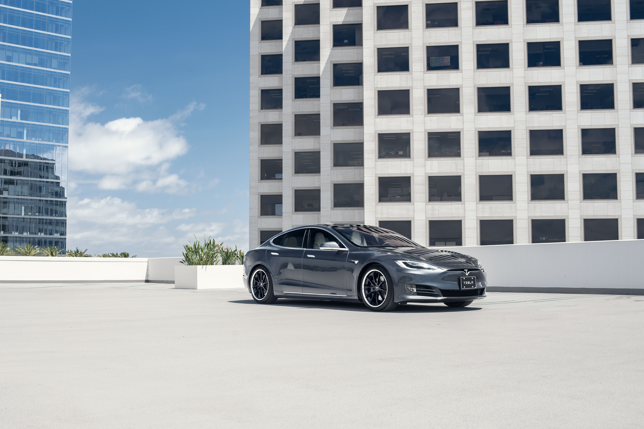 Aftermarket DRL-Bar Headlights on Gray Tesla Model S - Photo by Blaque Diamond Wheels