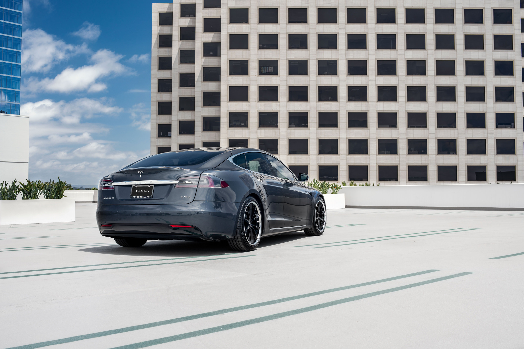 Custom Rear Diffuser on Gray Tesla Model S - Photo by Blaque Diamond Wheels