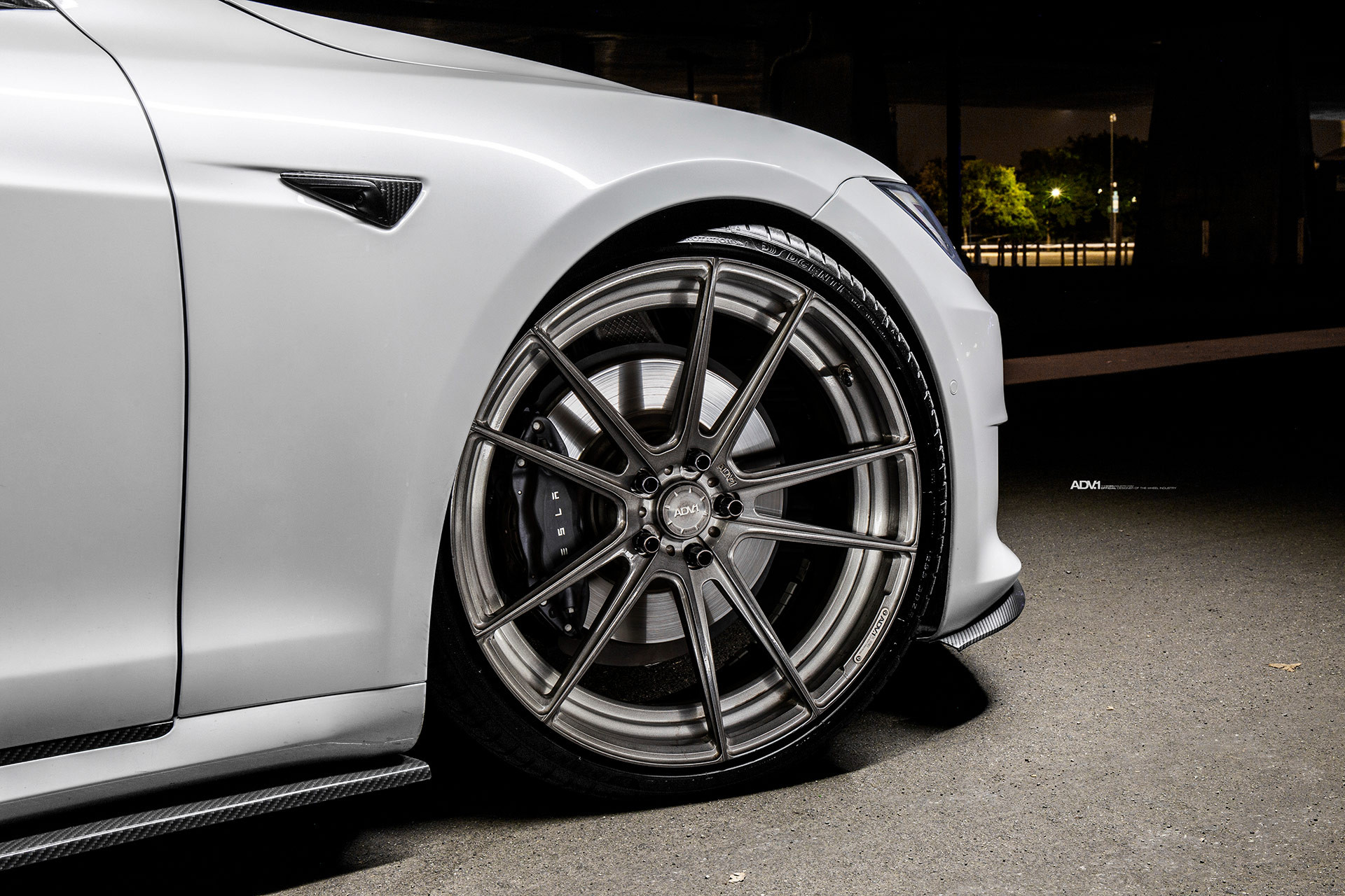 Gunmetal ADV1 Wheels on White Tesla Model S - Photo by ADV1 Wheels