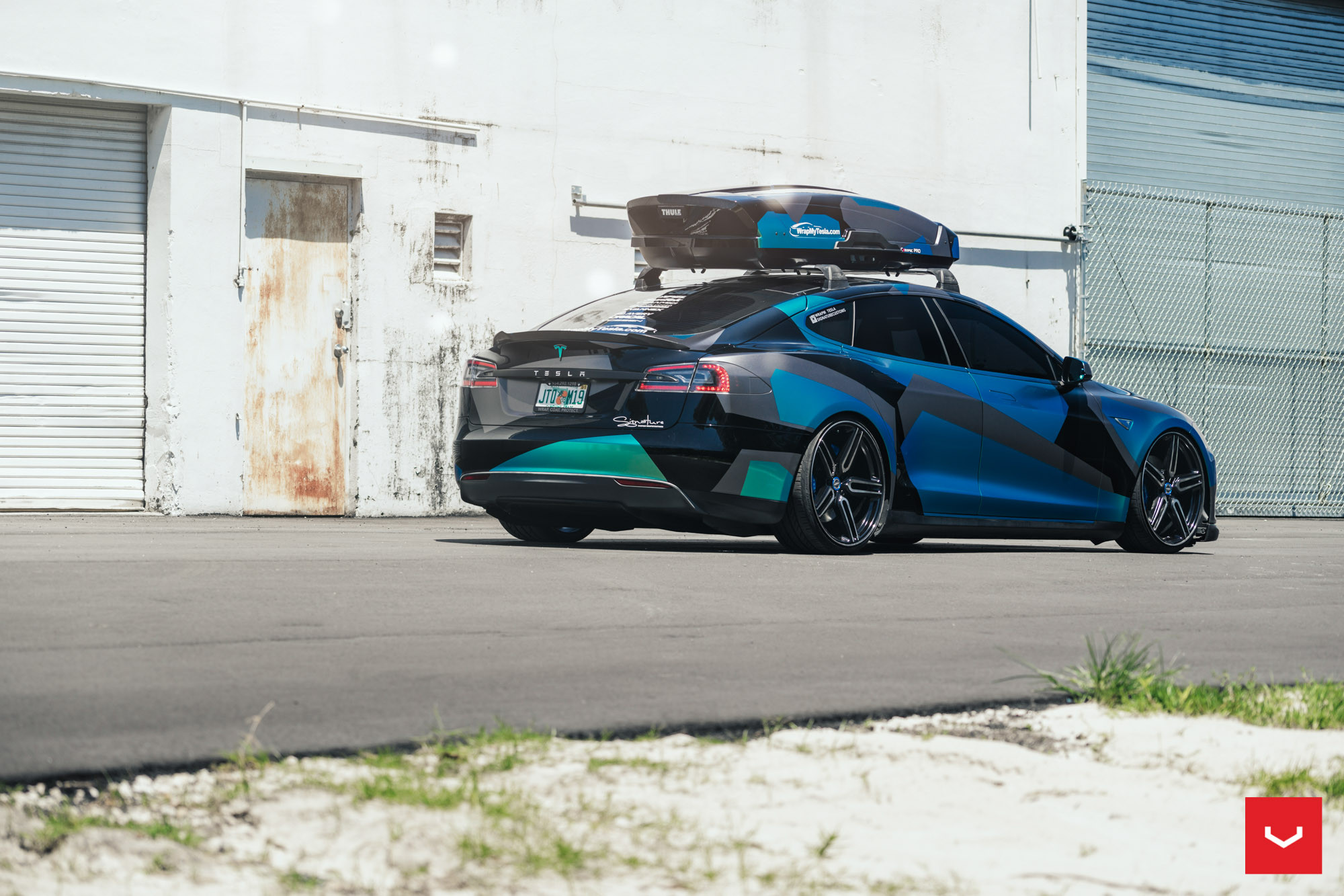 Custom Painted Tesla Model S with Thule Roof Rack - Photo by Vossen