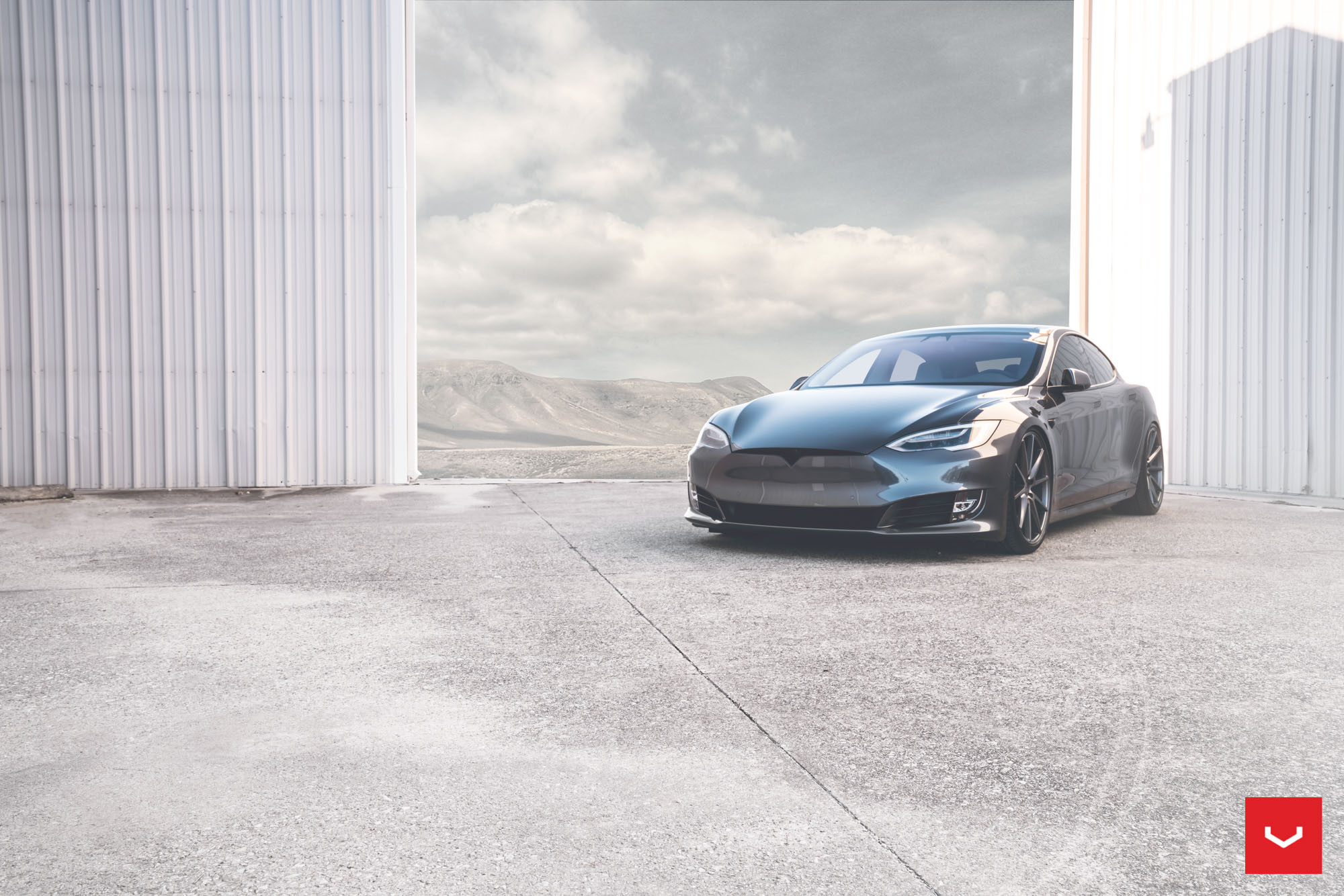 Gray Tesla Model S with DRL-Bar Style Headlights - Photo by Vossen