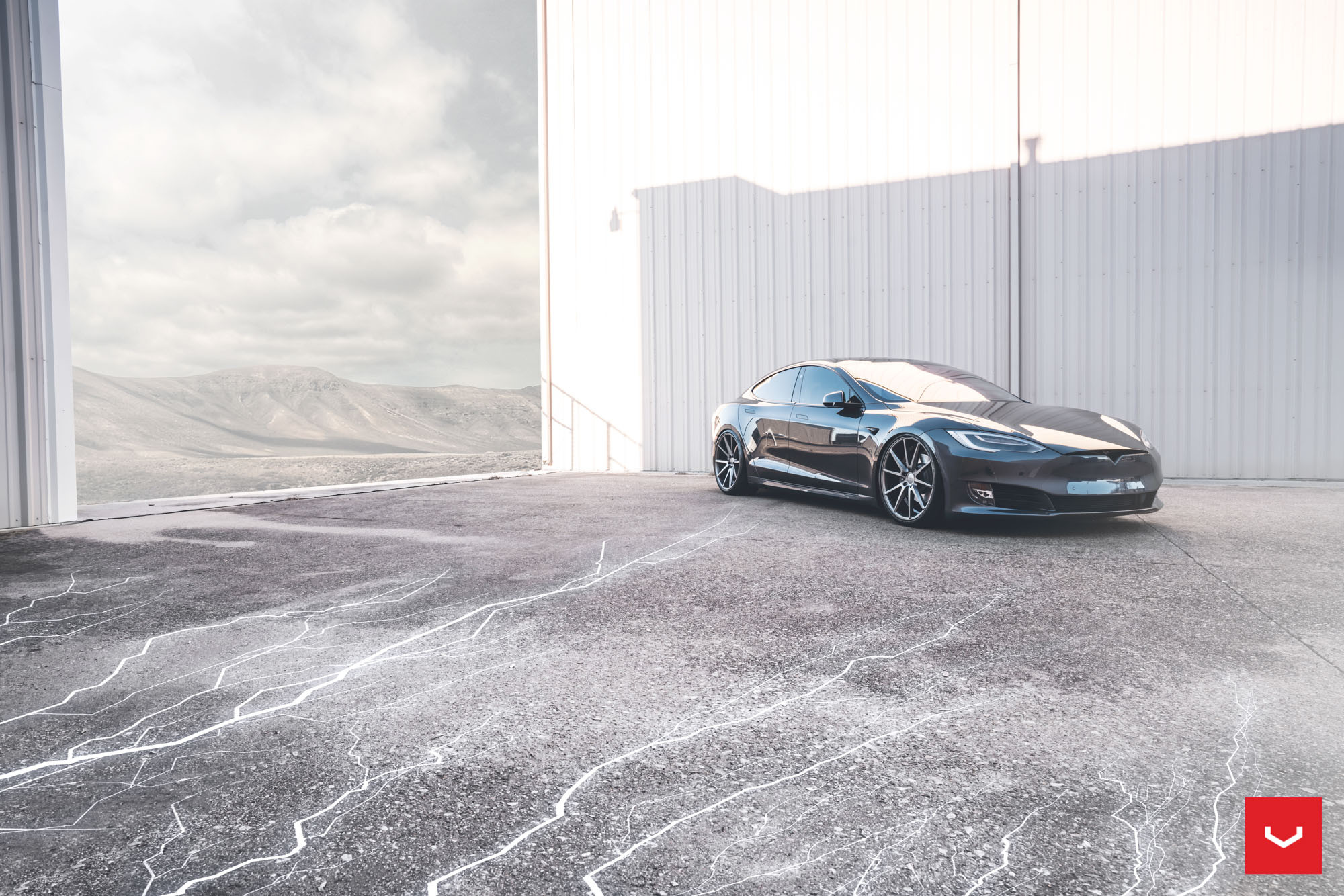 Aftermarket Side Skirts on Gray Tesla Model S - Photo by Vossen