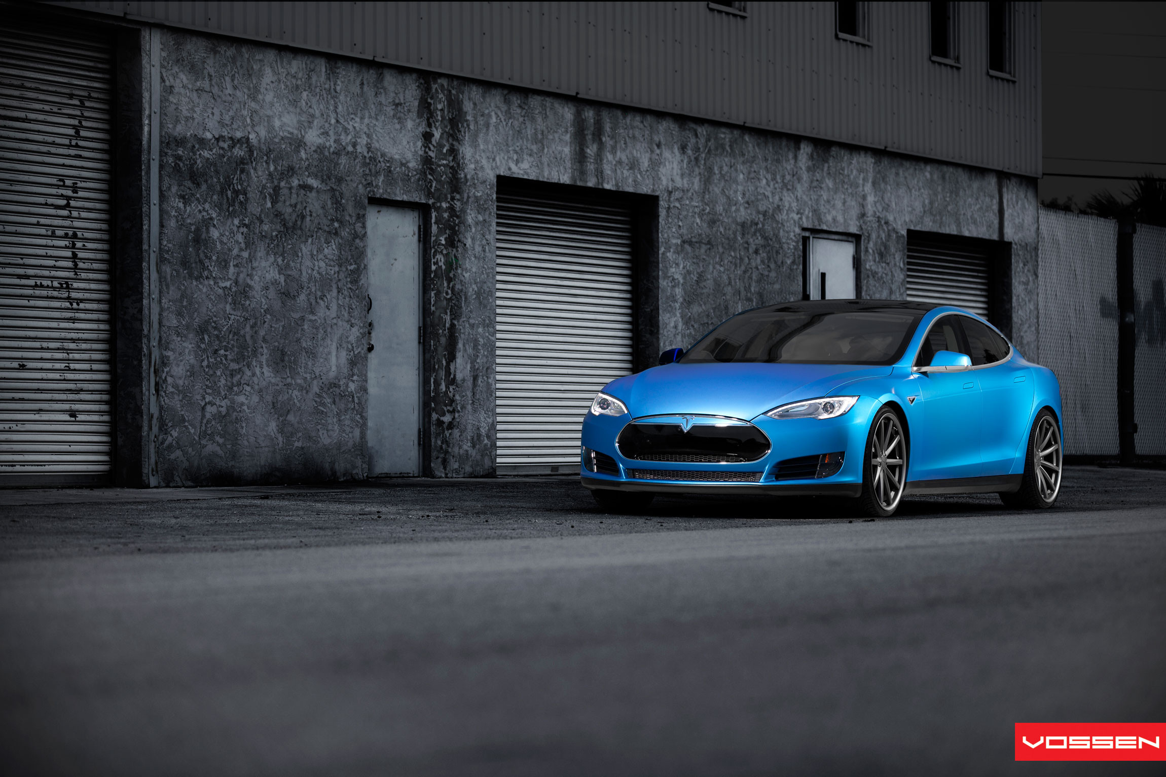 Custom LED Headlights on Blue Tesla Model S - Photo by Vossen