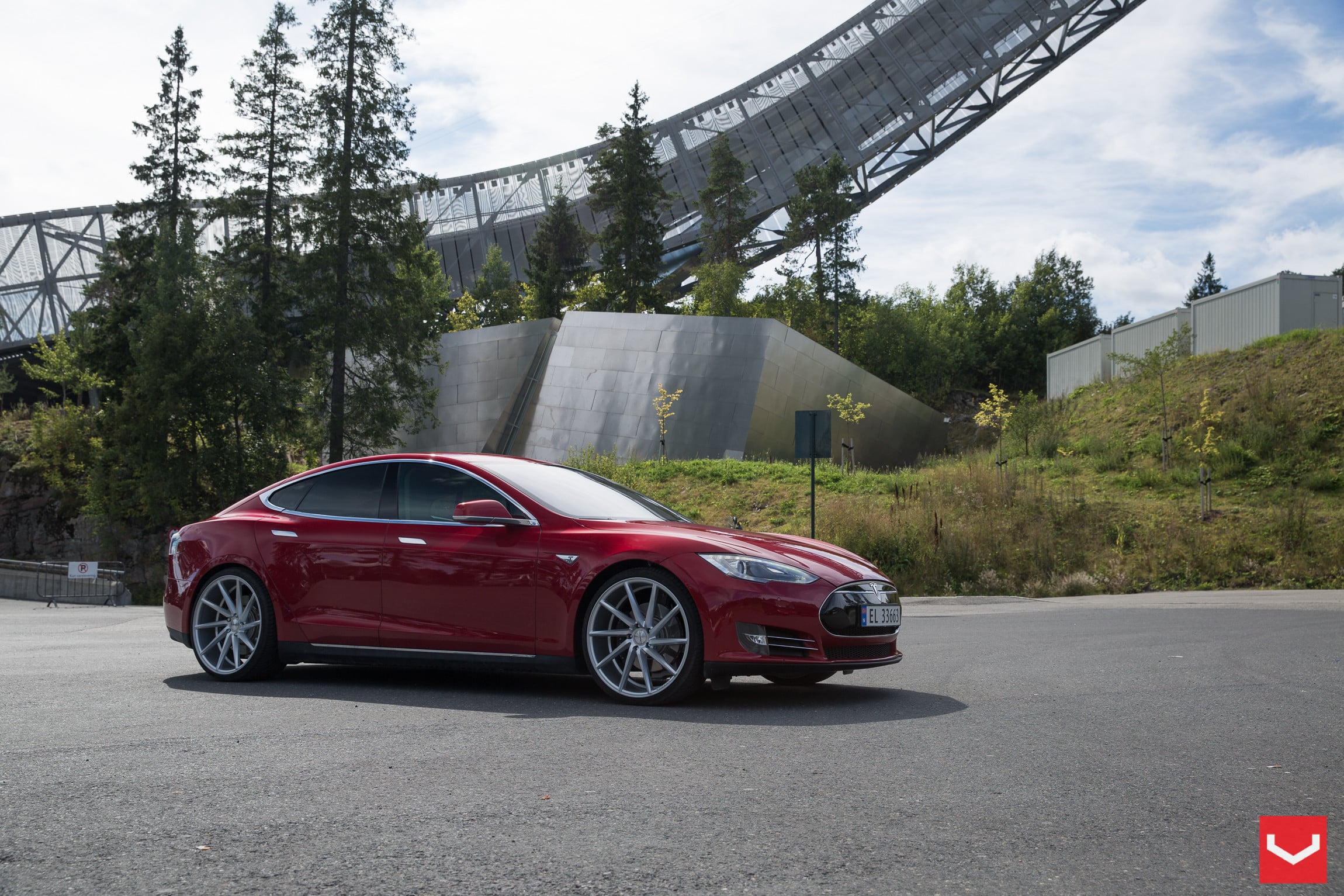 Red Tesla Model S with Aftermarket Headlights - Photo by Vossen