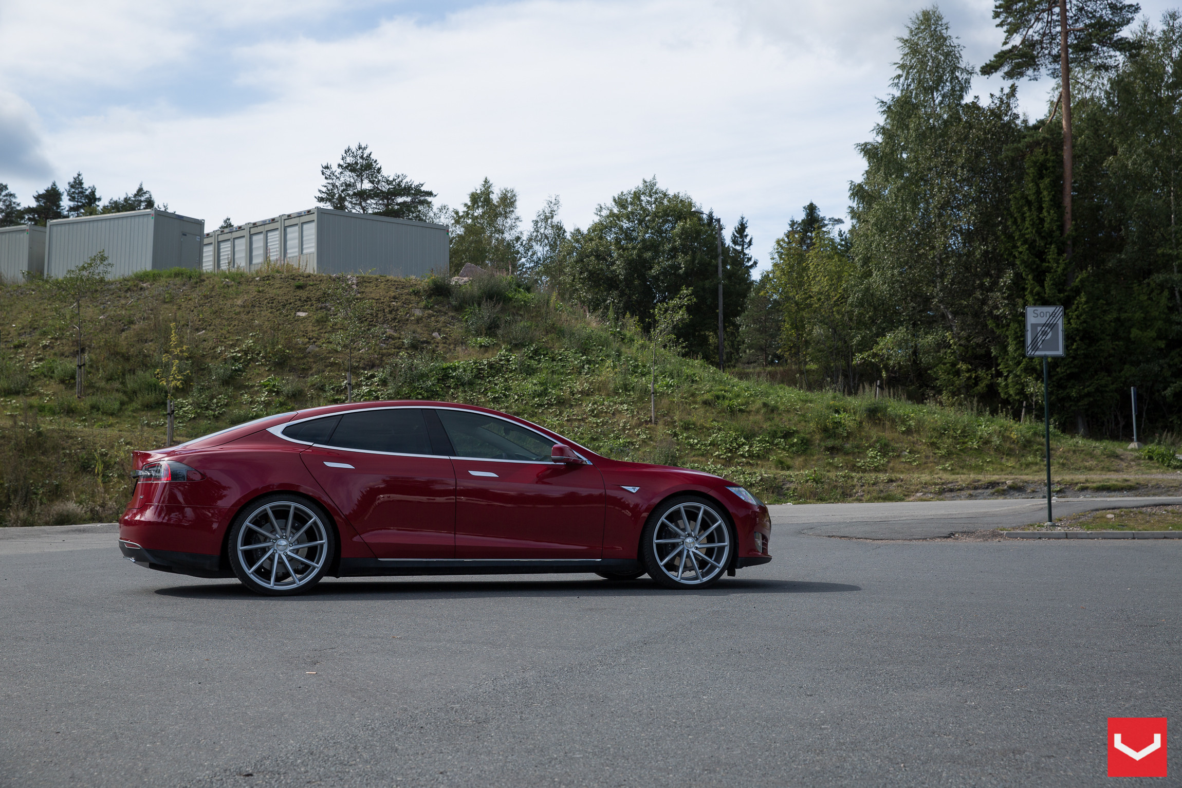 Custom Side Skirts on Red Tesla Model S - Photo by Vossen