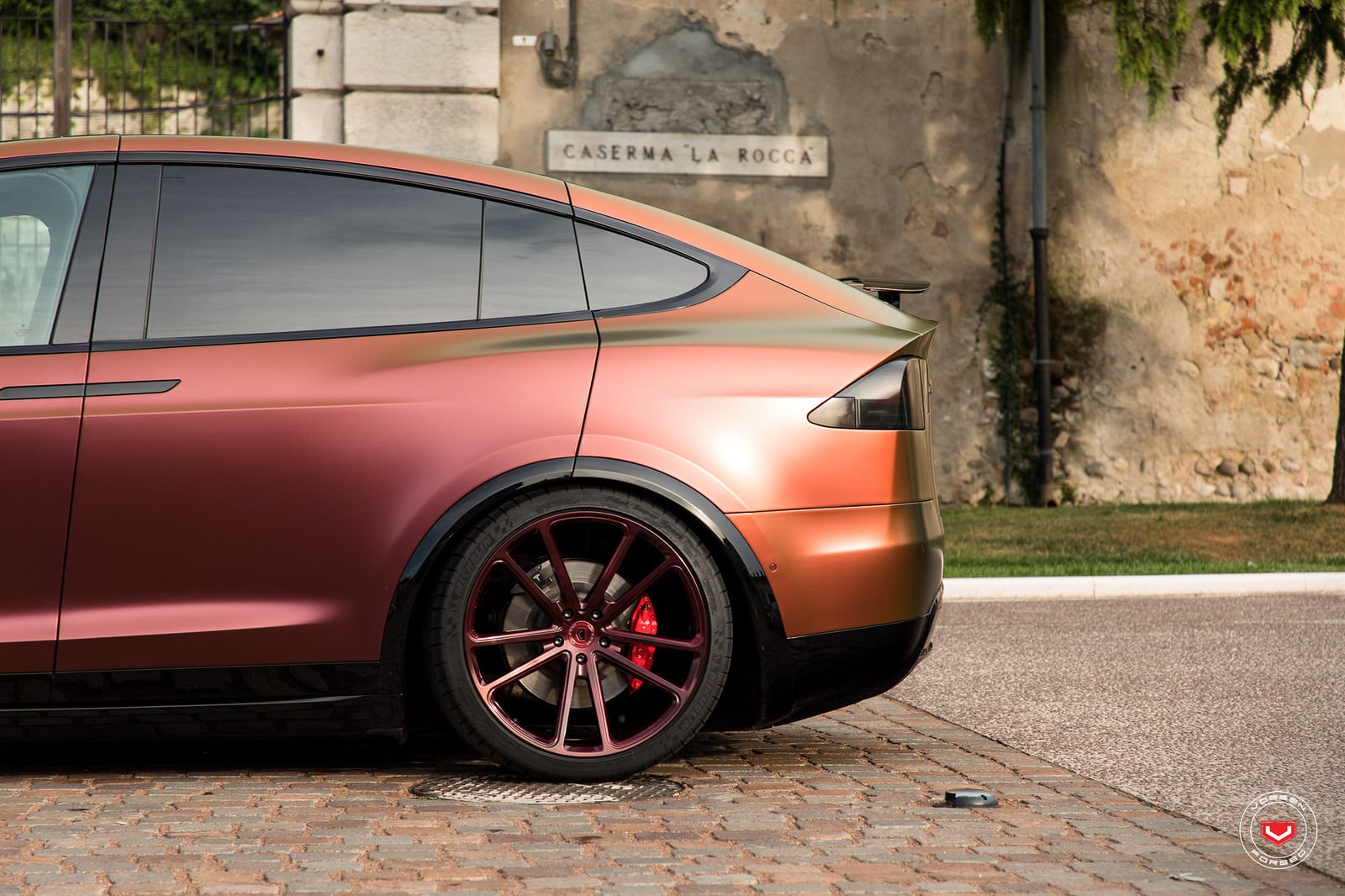 Polished Merlot Vossen Rims on Chameleon Tesla Model X - Photo by Vossen