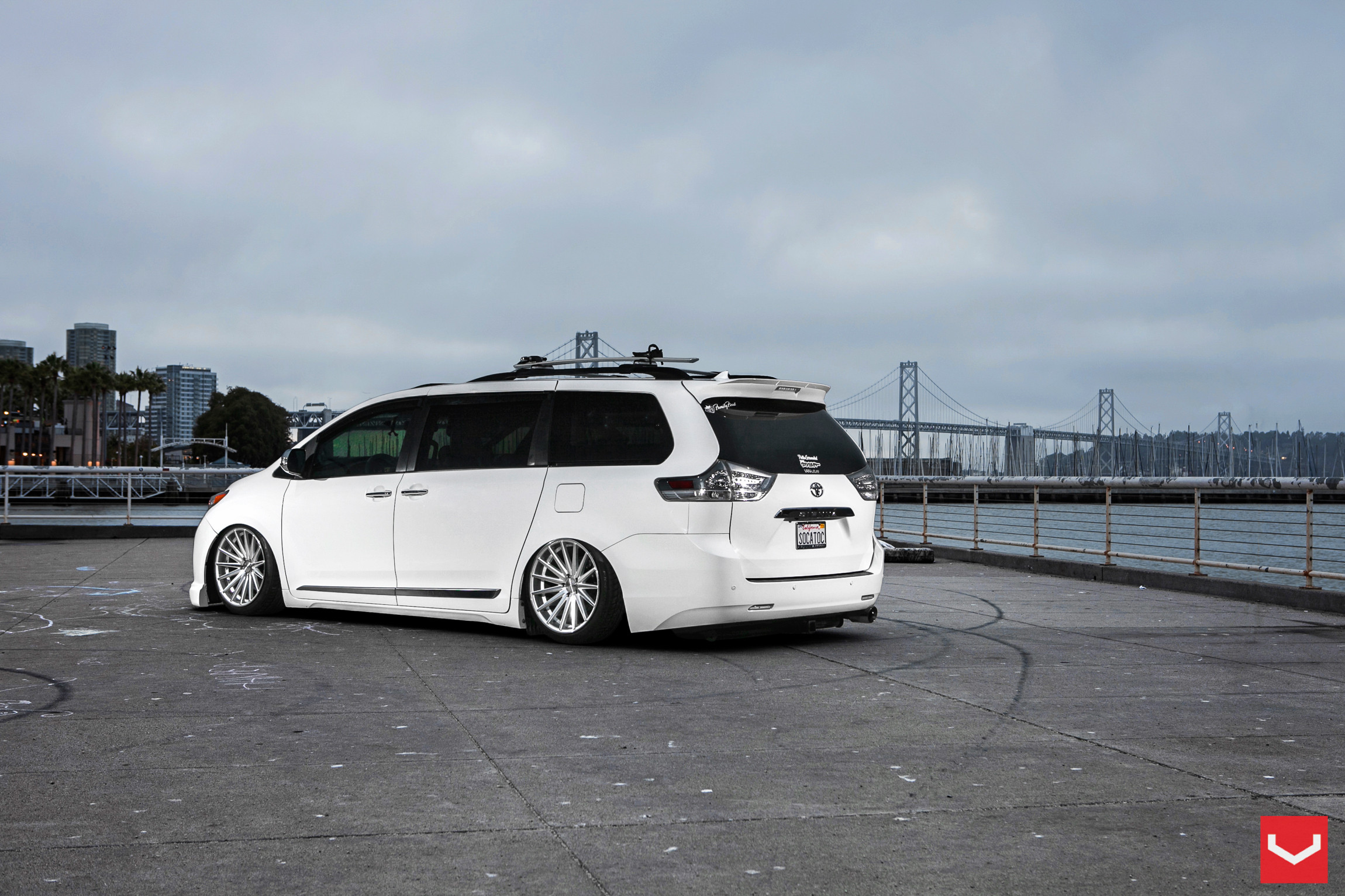 White Lowered Toyota Sienna with Roofline Spoiler - Photo by Vossen