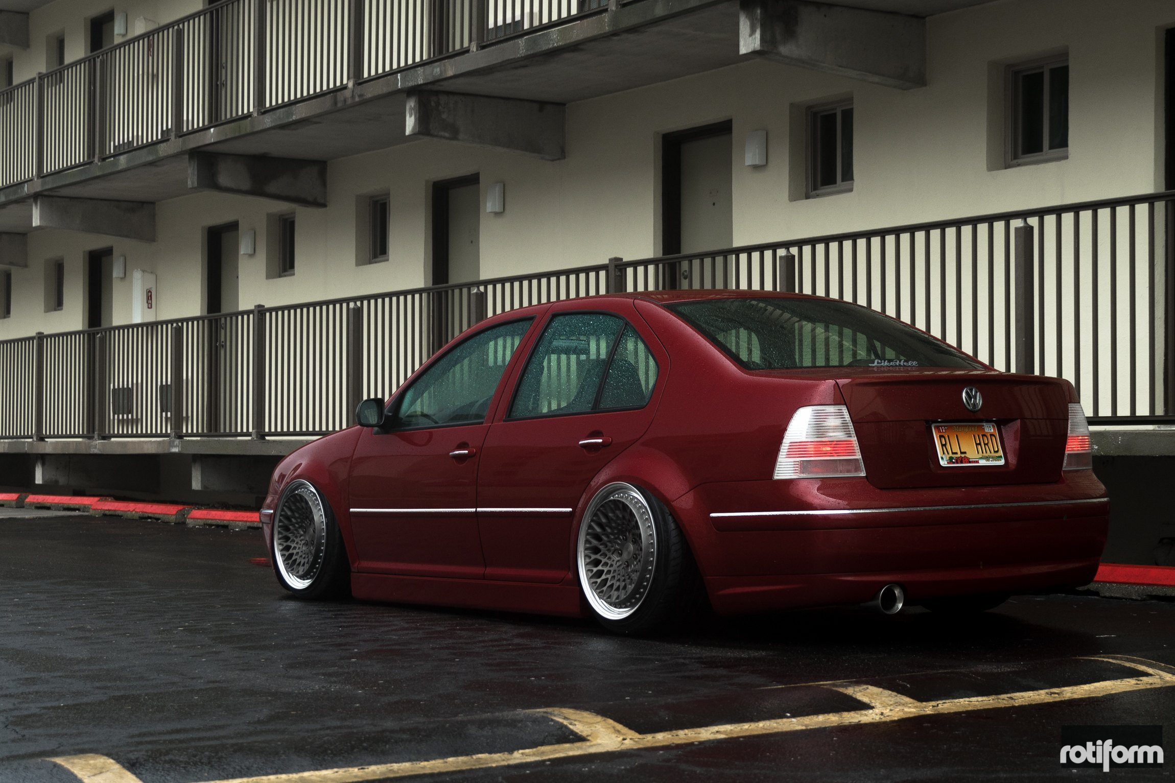 Slammed Jetta MK4 Sitting Low on Rotiform Custom Wheels.