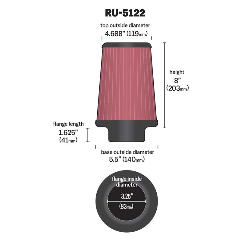 K&N RU-5122 Round Tapered Universal Air Filter 3-1/4 Flg 5-1/2 B 4-11/16 T 8 H