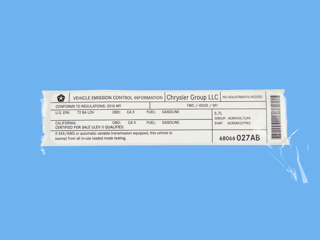 Mopar® 68066027AB Vehicle Emission Control Information Label