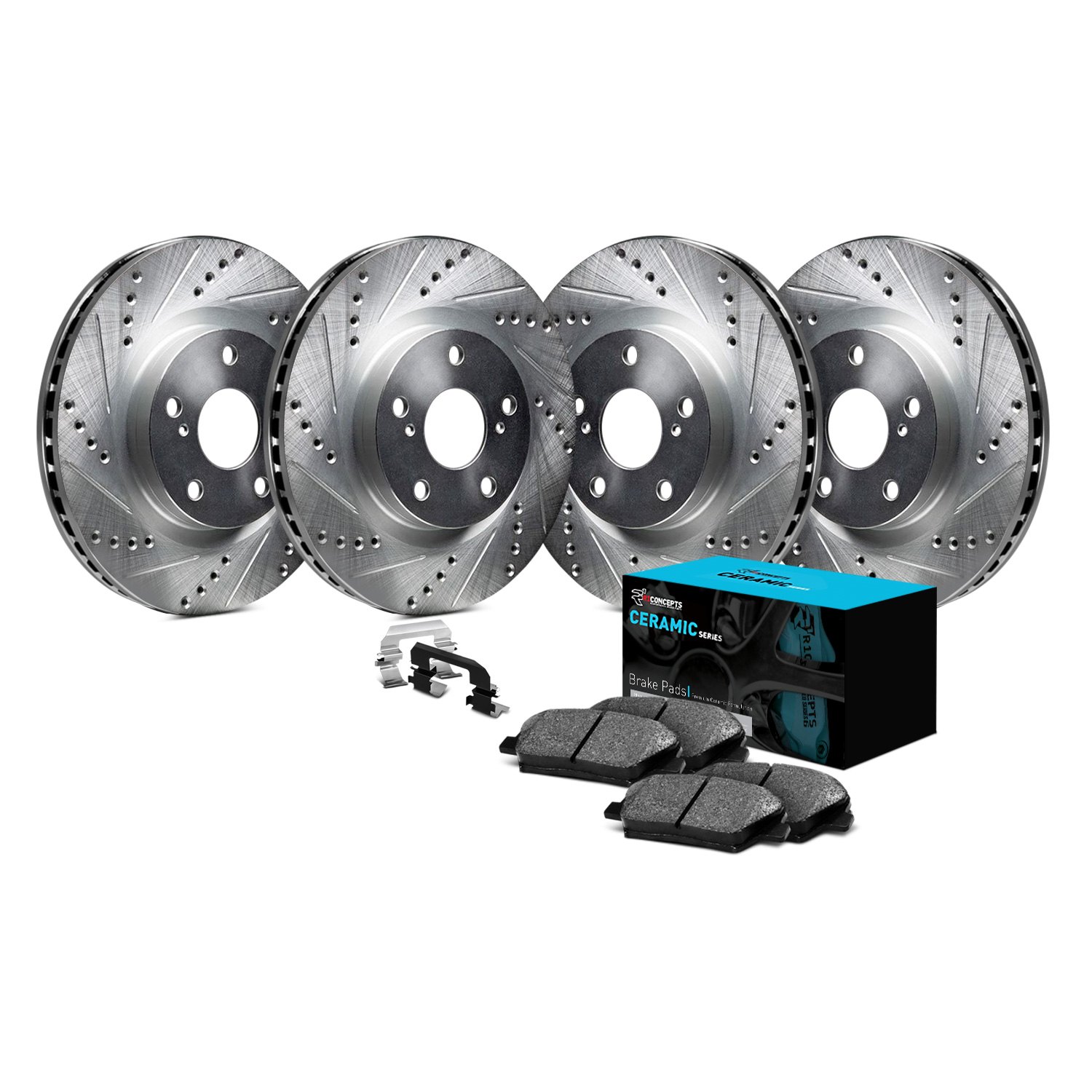 Front R1 Concepts KEDS10152 Eline Series Cross-Drilled Slotted Rotors And Ceramic Pads Kit 