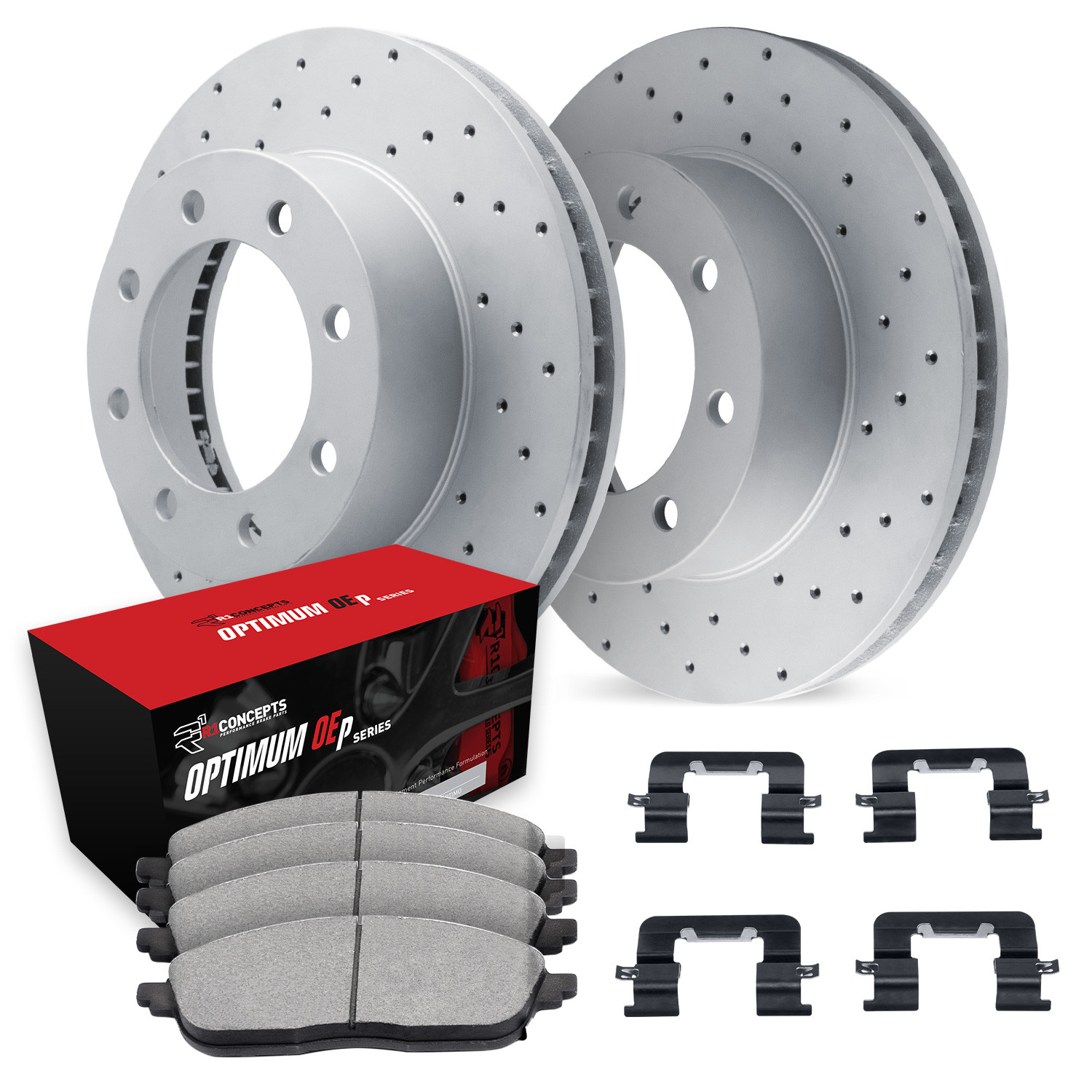R1 Concepts® WMUH1-40132 - Drilled Front Brake Kit with Optimum OE Pads